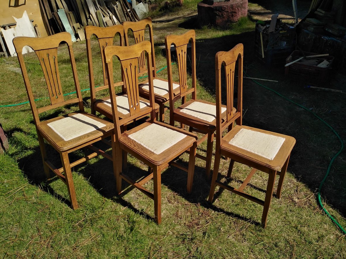 Seis sillas de madera con asiento tapizado en el jardín